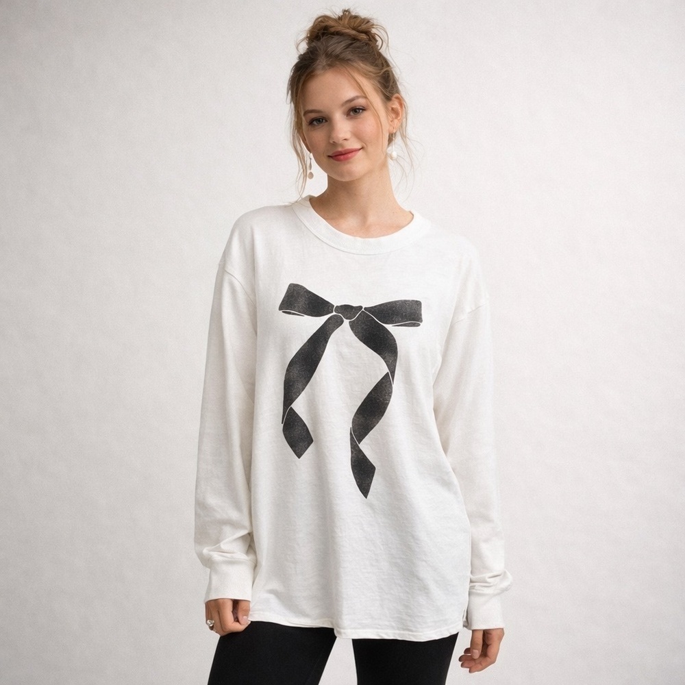 Aerie White Bow Graphic Tunic XS Oversized Coquette Soft Girl Long Sleeve Top